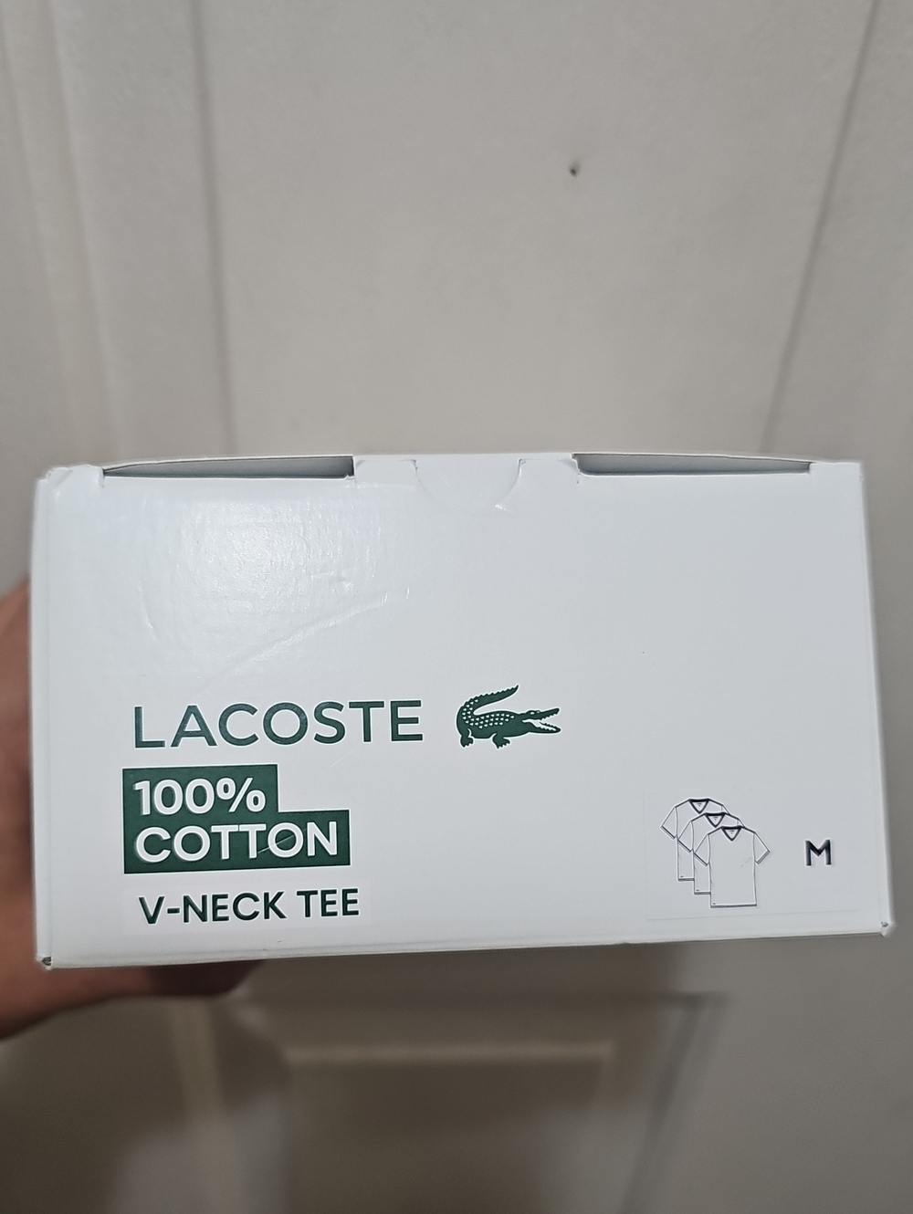 Lacoste White 3-Pack V-Neck Cotton Tees with Green Crocodile Logo - Picture 4 of 4